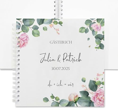 Gästebuch Hochzeit Rosen personalisiert, Ringbuch 25 x 25 cm, blanko Hochzeitsgästebuch Blumen, Fotoalbum Spiralbindung, Feenstaub