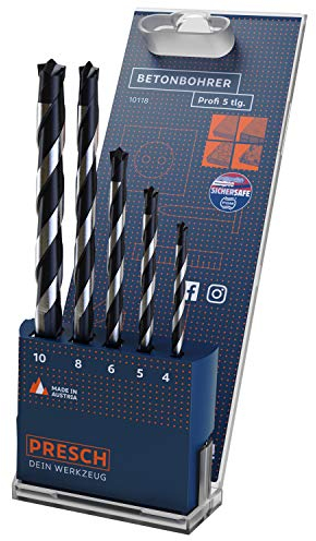 Presch Betonbohrer Set Profi 5-tlg - Hochwertiges Steinbohrer Set mit Zylinderschaft - Schlagbohrer für Beton, Stein, Mauerwerk und Marmor - Ø 4-10mm