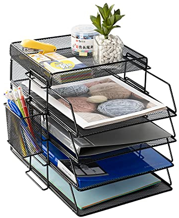 5-stufiges stapelbares Briefkasten Office Desk Paper Organizer-Aktenfächer, Desktop-Halter für Papierbriefzubehör mit Stifthalter (Schwarz)