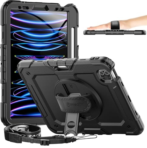 timecity Hülle für iPad Pro 11 Zoll 2022/2021/2020/2018 (4./3./2./1.Generation), Für iPad Pro 11 Hülle Stoßfeste Cover, mit Displayschutzfolie, 360 Drehen Handschlaufe Schultergurte Steht-Schwarz