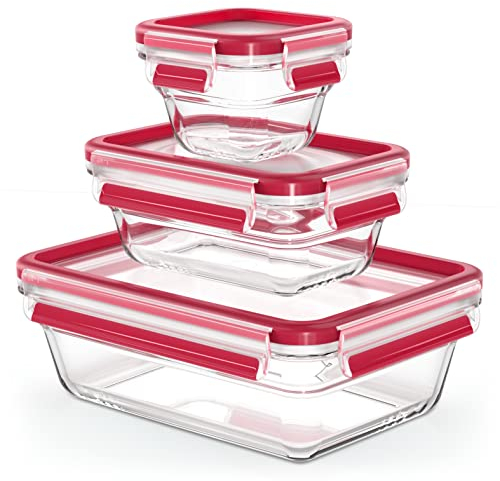 EMSA Clip & Close Glas Frischhaltedosen-Set, rechteckig, 0,18 u. 0,45 u. 1,3 L, 100 Prozent dicht, Glasbehälter spülmaschinen-, gefrier-, backofen-, mikrowellenfest, Rot, Transparent, N10508