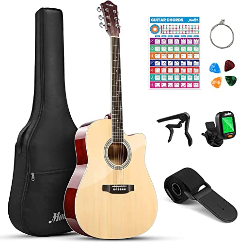 Moukey Acoustic Guitar Full Size Kit for Beginners, 41 Starter Guitarra Acustica with Chord Poster, Gig Bag, Tuner, Steel Strings, Strap(Natural)