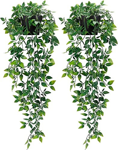FEJKA Pack of 2 Artificial Green Hanging Potted Trailing Plant for Indoor and Outdoor Use - Fake Potted Plants Shelf Wall Decor