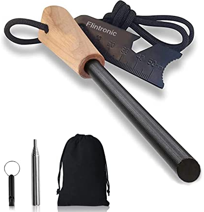 flintronic Survival Fire Steel, Flint Striker Steel Fire Starter Kit, Magnesium Ferrocium Rod Firesteel with Scale Scraper & Whistle, Outdoor Emergency Survival Tool for Travelling Camping Hiking