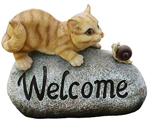 RAN Statuen-Dekoration für den Außenbereich – Willkommensschild, Katze, Gartenskulptur, Rasenkätzchen auf einem Felsen, Figur für Patio Art Decor, Kunstharz
