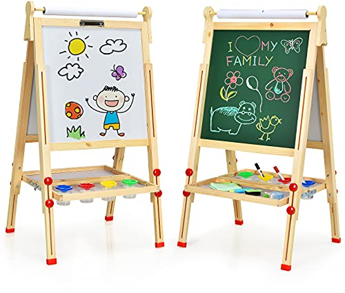 LIFEZEAL Kinder Tafel, höhenverstellbarer Holztafel, doppelseitiger Kindertaferl mit Whiteboard & Kreidetafel, Spieltafel inkl. Zubehör, ideal für Kinder ab 3 Jahre