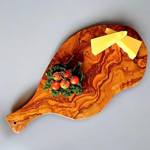Irregular Shape with Handle - Olive Wood Irregular Shaped Handcrafted Wooden Charcuterie Cutting Board with Handle – Unique Grain Pattern, Rustic Chopping Board for Serving Cutting (40 cm)