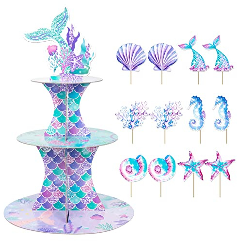 OPUHOHR 3 Tier Mermaid Cupcake Stand with 12pcs Mermaid Theme Cake Topper | Cupcake Tower, Dessert Tower Holder for Mermaid Theme Birthday Decoration Baby Shower Party Supplies