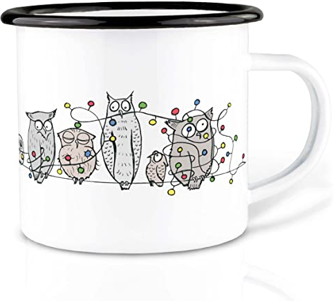 Ligarti Emaille Tasse (leicht & robust) | Camping Becher handveredelt in Deutschland | Trinkbecher für Kinder, Kaffeetasse, Emaillebecher | Weihnachten | Eule, Eulen