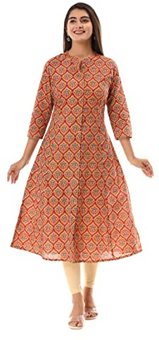 VIHAAN IMPEX tryckt vardaglig röd tunika för kvinnor lång Kurta Kurti 3/4-ärm, Röd, XL