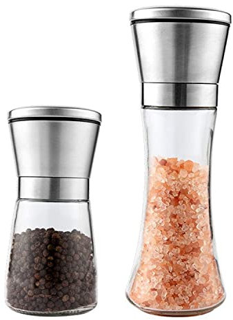 Pfeffer und Salzmühle Gebürsteter Edelstahl Glaskörper Reise Gewürzstreuer Einstellbare Korngröße Nachfüllbar Premium Glas Geschenk für die Küche, 2 Stück