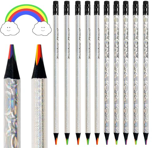 ThEast 10 Stück Regenbogen Buntstifte, 4 in 1 Farben Regenbogenstifte, Holografische Design Mehrfarbige Bleistifte zum Ausmalen und Skizzieren für Kinder und Erwachsene, Vorgespitzt