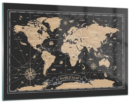 Quadri Moderni Soggiorno Mappa Del Mondo Vintage Retrò Quadro su Vetro 120x80cm Stampe da Parete in Vetro Camera da Letto Cucina 1 pezzo Wall Art Grandi XXL Decorazione Murale Immagini GAA120x80-5430