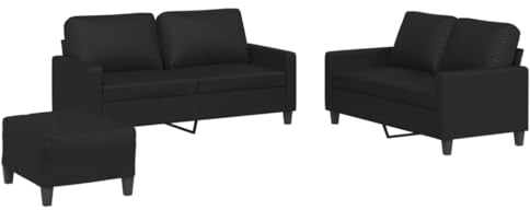 vidaXL Sofagarnitur 3-TLG., Sessel Couch mit Kissen Fußhocker, Sofa Wohnzimmersofa mit Armlehnen, Couchgarnitur Designsofa Sitzmöbel Polstermöbel, Schwarz Kunstleder