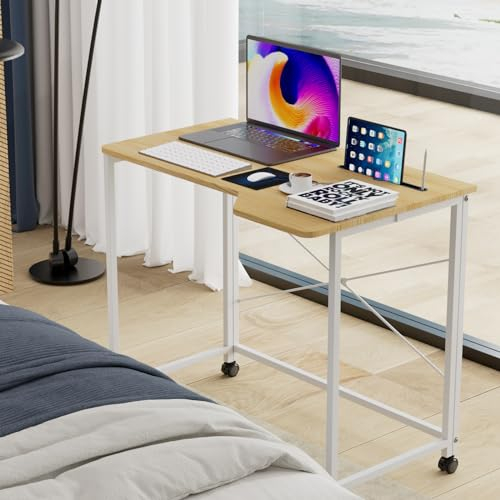 PIPIPOXER Klapptisch Schreibtisch Computertisch Laptoptisch,Faltbar Computertisch mit einen Einschnitt und drehbarer Rollen für Schlafzimmer,Büro,Sofa,Homeoffice,Arbeitszimmer Holzfarbe 90x56x75cm