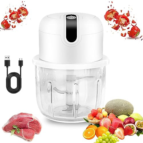 Aicharynic Hachoir de cuisine électrique, 250 ml, mini coupe-oignons, avec port USB, batterie rechargeable et lame en acier inoxydable pour hacher, couper et hacher (blanc)