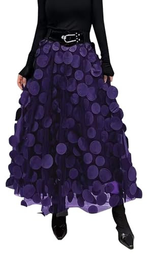Cihdmfb Tüllrock Damen Vintage Solide A-Linien Halblanger Rock 3D Polka Dot Faltenrock Mesh Flowy Geburtstag Hochzeitsfeier Lang Rock Elastisch Hohe Taille Tutu Rock Lange Stufenröcke(A Lila,XL)
