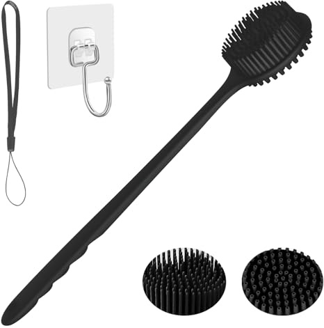 KXF Silicone Back Scrubber 37.5cm Long Handle Double-Sided Shower Body Brush Body Scrubber Bath Wash Brush with Soft Lathering Bristles and Stiff Massage Nodes Gentle Exfoliating Showering Exfoliator