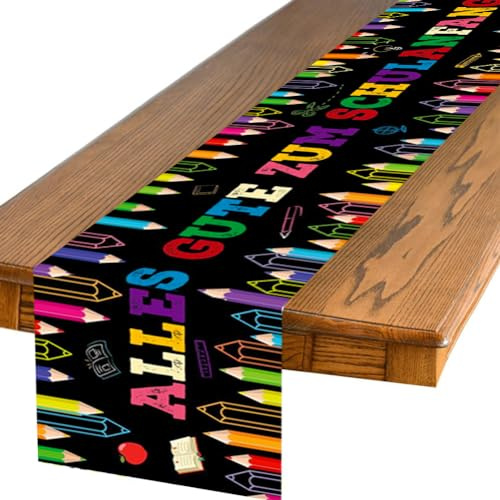 Tischläufer für Einschulung Schulanfang Tischdeko Schuleinführung Deko Tischband Schulstart Party Dekoration Mädchen Junge 180 x 35cm (Schwarz)