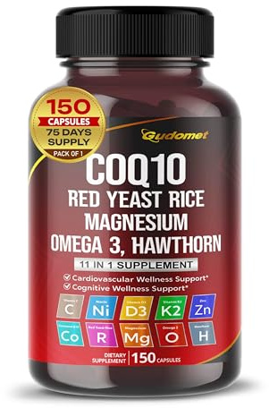 Coenzyme Q10 (Ubiquinone) Red Yeast Rice Hawthorn Omega 3 Vitamin C Niacin Zinc Vitamin K2-150 Capsules