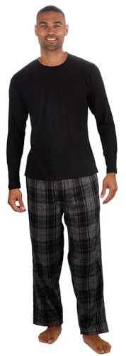 Style It Up Mens Long Sleeve Plain Top Checked Bottoms Sleepwear Pajama Set Crew Neck Warm Cozy Super Soft Adults Loungewear (GREY-BLACK, S)