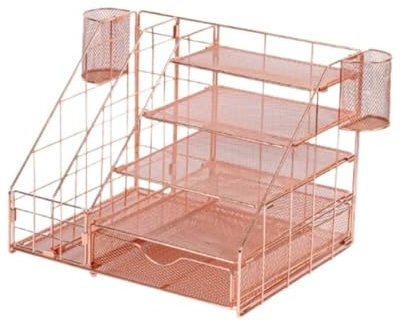 Schreibtisch-Organizer in Roségold, Schreibtisch-Organizer, Schreibtisch-Datei-Organizer mit Stifthalter, Papier-Organizer mit Schublade, Schreibtisch-Organizer für Sammlungen (A 14 x 12 x 11 cm)