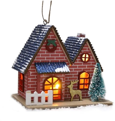 Kraeoke LED Weihnachtsdorf Häuser Holz Weihnachtshaus Beleuchtet Deko Aufhängbar Christmas Village Mini Weihnachtsdeko für Weihnachtsbäume, Fenster, Tisch (C)