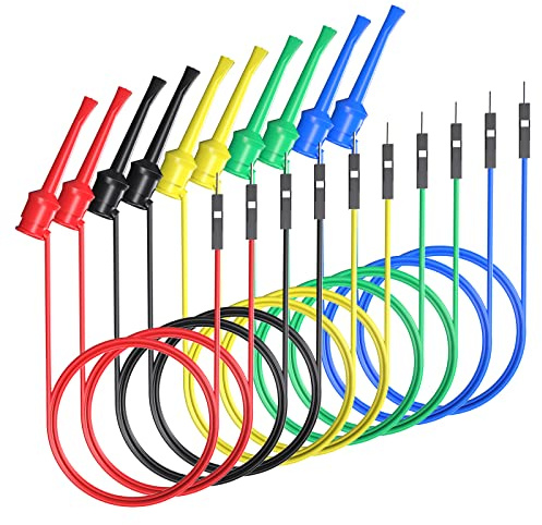 Cleqee 10PCS Test Hook Clips to Breadboard Male Jumper Wires 5 Colours | Soft Flexible Silicone, Test Leads, Electrical Testing