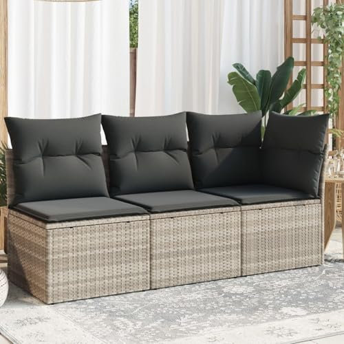 Somanki Gartensofa mit Kissen 3-Sitzer Hellgrau Poly Rattan, Gartenlounge, Garden Sofa, Balkonmöbel, Gartenmöbel, Loungemöbel - 366193