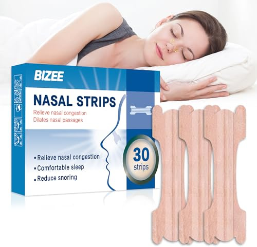 BIZEE Nasal Strips, Nose Strips for Snoring Relief, Anti-Snoring Devices for Men and Women, Drug-Free Nose Strips to Relieve Congestion from Colds or Allergies, Snore Strips for Sports and Sleep (30)