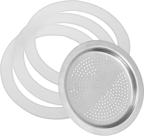 Piezas de repuesto para cafetera Moka de acero inoxidable, pieza de repuesto para cafetera de espresso de 6 tazas, incluye 3 juntas de silicona y 1 pantalla de filtro, piezas de cafetera espresso