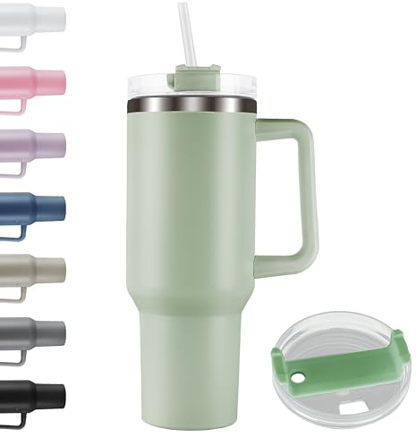 Termosmugg med handtag | sugrör | rostfritt stål | resemugg med isoleringsskikt | kaffemugg dubbelvägg (oliv)