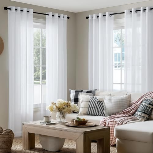 PONY DANCE Voile Gardinen Weiss Transparente 4er Set H 160 X B 140 cm Vorhänge Wohnzimmer Stores Gardine Kurz Vorhang Durchlässig Leinenoptik Ösenvorhang Sheer Curtains, Weiß