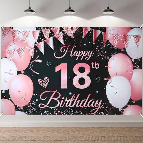 ANOMM 18.Geburtstag Banner Schwarz-Rosa, Happy Birthday Banner | 18.Geburtstag Dekoration für Drinnen und Draußen, Extra Groß Party Geburtstagsdeko Hintergrund (180 x 110 cm)