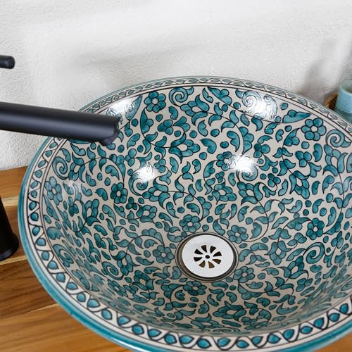 Lavabo de cerámica sin agujero para grifo, color turquesa, para baño y aseo de invitados, lavabo empotrable redondo sin rebosadero/lavabo