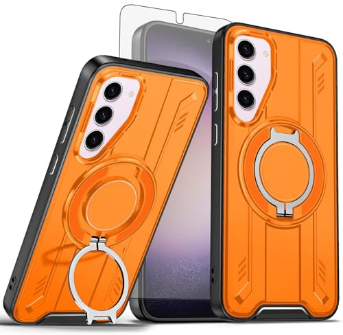 Compatible with Samsung Galaxy S23 5G Phone Case and Screen Protector Magnetic Ring Holder 360° Stand Shockproof Wireless charging S 23 23S GS23 G5 SM-S911U 6.1 inch Cover for Women Men Orange