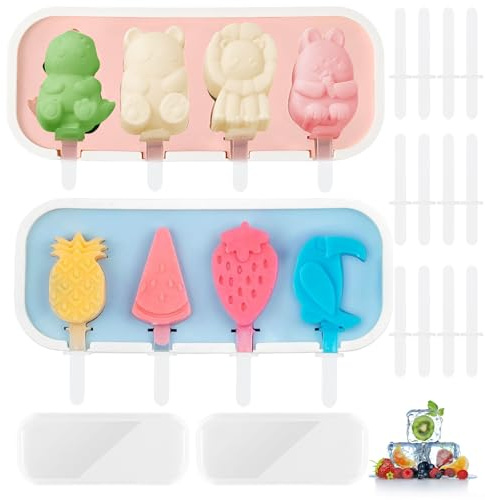 SJUNJIE 2 Moldes para Helados 4 Moldes Helados Silicona con Palitos y Tapas Reutilizable Molde Helado Sin BPA para Chocolate Congelado Gelatina Yogur Postres DIY