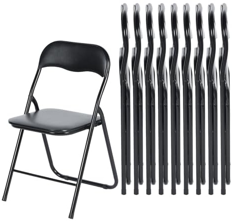 EGGREE Ensemble de 10 Chaises Pliantes Noires - Cadre Métallique, Siège Rembourré en PVC - Capacité de Charge 110 kg - Chaise Ergonomique Pliable pour Camping, Balcon, Fêtes, Bureau, Restaurant