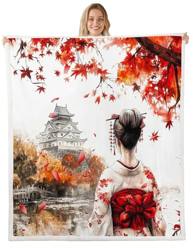 Loussiesd Manta de forro polar de geisha japonesa, tamaño Queen, 228 x 228 cm, diseño de flores de cerezo, cobija Sherpa para niños y niñas, manta de felpa con hojas de arce y lago, estilo japonés
