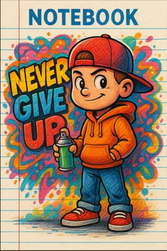 Never Give Up Notebook Graffiti Art Notebook with Boy Spray Painting on Cover | 6x9 Lined Notebook for Teens & Kids: 100 Pages of Blank Lined Paper | ... a Boy with Red Cap & Spray Canon Cover