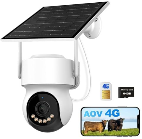 4G LTE Camara Vigilancia Exterior Solar, 24/7 Grabación AOV Cámara Exterior Solar Doble Lente Sin Cable con Batería 2K PTZ Detección IA Zoom Digital 10x, SIM + 64G Tarjeta SD Incluida (Lente única)