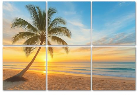 6 Panels Art Acoustic Panels Beach Tropical Palm Tree Ocean Sunset Coastal Landscape Beach Pictures Soundproof Wall Panels Padding Decorative Sound Absorbing Panels 72x48 for Recording Studios Home