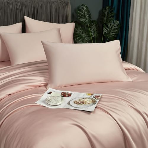 DXHOME Bettwäsche Bambus 155x220cm Rosa Hellrosa Uni 100% Natürlichem Bambus Sommerbettwäsche Luxus Lyocell Kühle Bettbezug-Set Doppelbett Bettbezug mit Reißverschluss und 2 Kissenbezüge 80x80cm