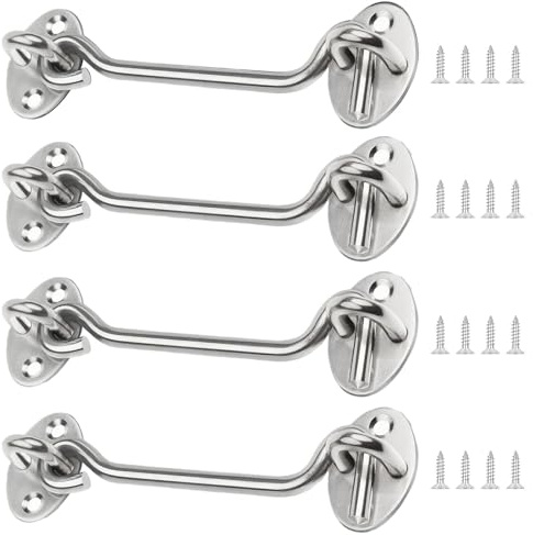 AMONENZ 4 Pezzi 100mm Ganci per Cabina, Argento Chiusura a Gancio e Occhiello, Acciaio Inossidabile 201 Ferma Persiane, Gancio Fermaporta con 16 Viti per Porte, Finestre, Armadi, Cucce per Cani