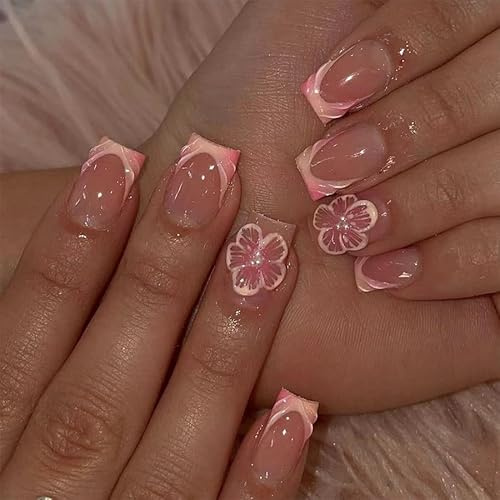 MouyouGlow Press on Nails Kurz,Square Nude Rosa French 3D Striped Blumen Floral Pearl Design Short Fake Nails with Nail Glue,Pink Tips Wavy Flowers Sommer INS Artificial Fingernails