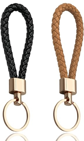 LynixTrade 2 Pcs Key Rings Black and Brown - Weave Leather Keyrings for Women, Gold Loop Car Keychain Rings, Repo Leather Key Fobs Holder, Personalised Keys Chains for Women