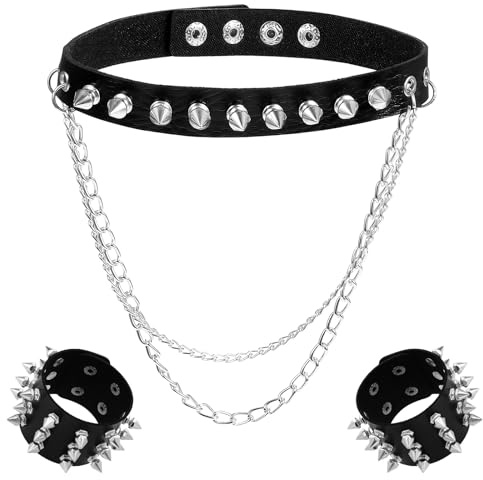 PEOVLVN Choker Kette Damen Schmuck Punk mit 2 Punk nietenarmband Herz Choker Halsband Gothic Leder Halsreif Erstellbare Kragen Halskette Collier für Weihnachten Konzerte Party Auftritt Halloween