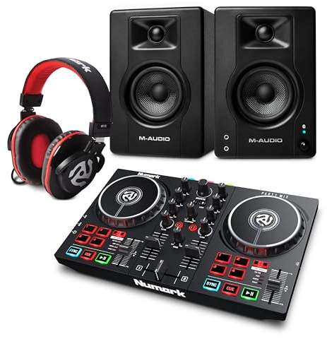 Numark Party Mix II DJ Controller and M-AUDIO BX4 Pair Bluetooth Studio Monitors with Headphones for Studio Recording, Music Production, Podcasting, Streaming
