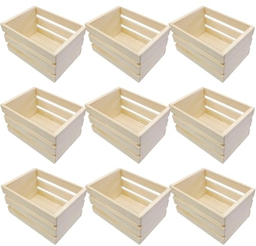 9 Pcs Mini Wooden Crates for Crafts, Open Storage, 4.9 X 3.5 X 2.8 Inches, Natural Pine Wood, Stacking Design,All Wooden Baskets for Decor