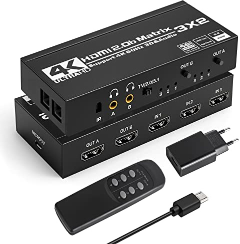 Tendak Conmutador HDMI Matrix 3x2, 4K@60Hz, interruptor HDMI Matrix 3 Entradas 2 Salidas + extractor de audio óptico Spdif y estéreo de 3,5 mm con mando a distancia IR, compatible con HDCP 2.2, HDR